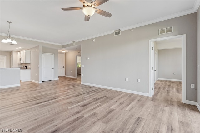 unfurnished living room featuring crown molding, ceiling fan with notable chandelier, and light hardwood / wood-style flooring