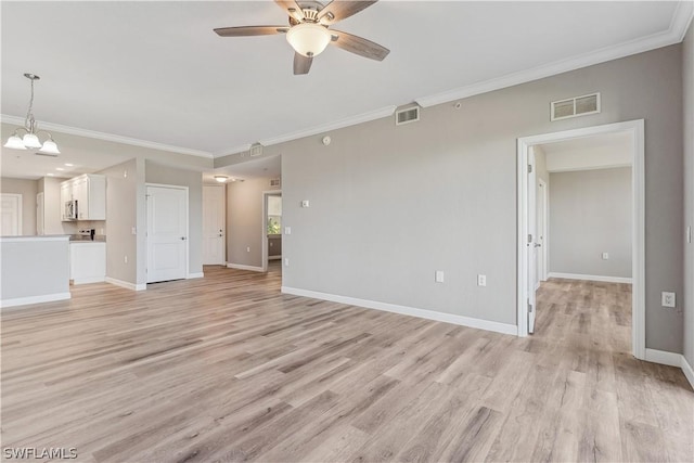 unfurnished living room featuring ornamental molding, ceiling fan with notable chandelier, and light hardwood / wood-style flooring