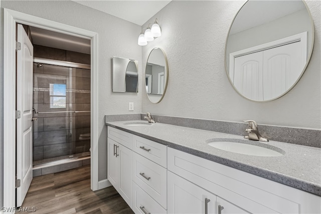 bathroom with a shower with door, hardwood / wood-style floors, and dual bowl vanity