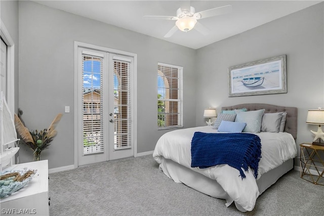 bedroom with access to exterior, french doors, light carpet, and ceiling fan