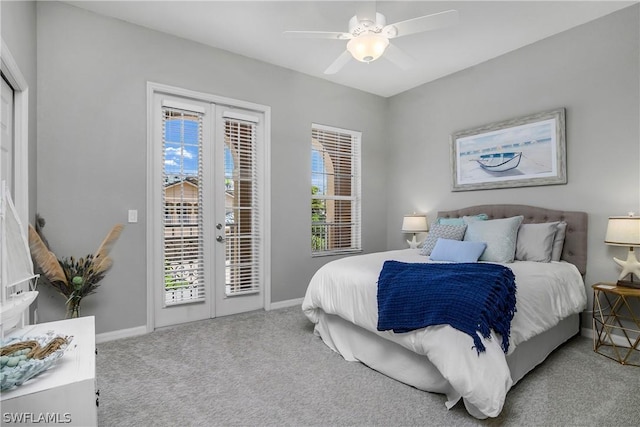 bedroom with french doors, baseboards, carpet, and access to outside