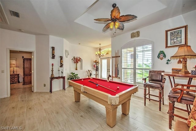 game room featuring ceiling fan with notable chandelier, light hardwood / wood-style flooring, and pool table