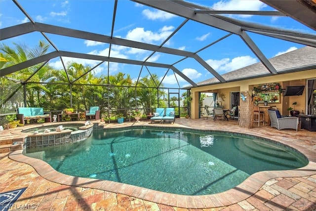 view of pool with an in ground hot tub, a bar, a patio, and glass enclosure