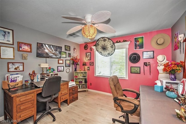 office area featuring ceiling fan and light hardwood / wood-style floors