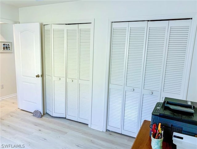 interior space with light wood-style floors and multiple closets