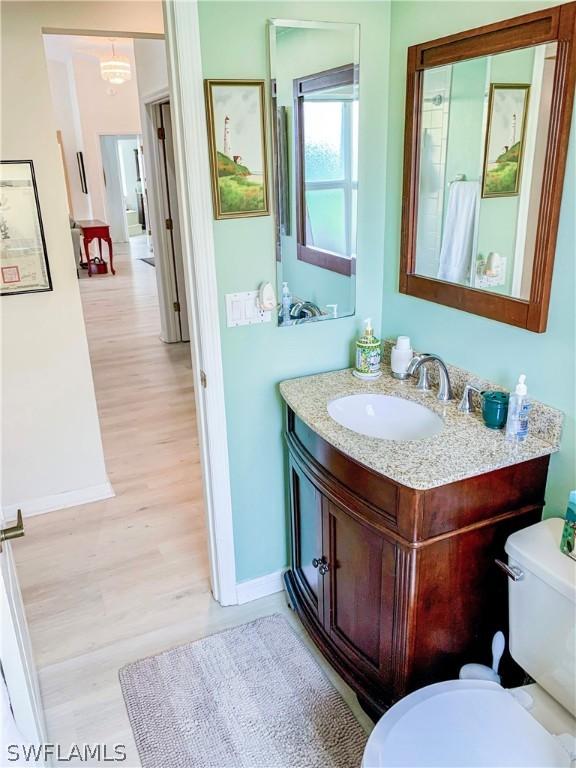 bathroom with hardwood / wood-style floors, toilet, and vanity