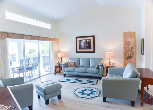 living room featuring high vaulted ceiling and hardwood / wood-style floors