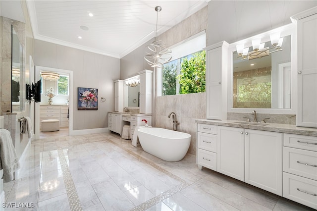 bathroom featuring vanity, crown molding, shower with separate bathtub, and a chandelier