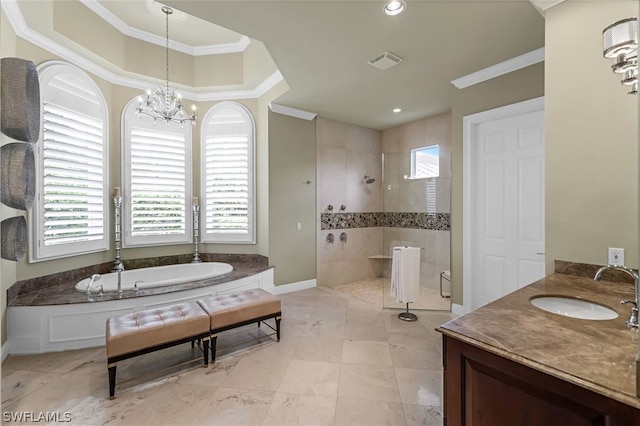 bathroom with ornamental molding, separate shower and tub, a notable chandelier, and vanity