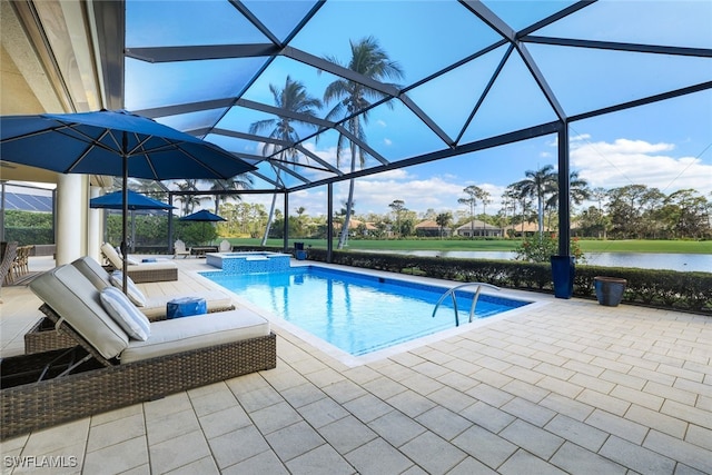 view of pool with a water view, an in ground hot tub, a lanai, and a patio area