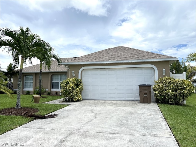 ranch-style house with a garage and a front lawn