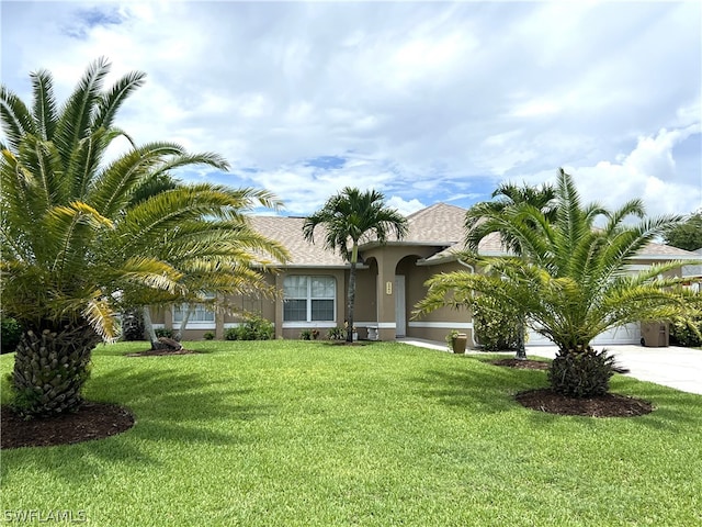 view of front of home featuring a front yard and a garage