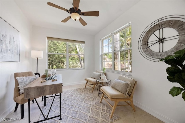 1732 Tarpon Bay Dr S Unit 203, Naples, FL 34119 - office area featuring baseboards, ceiling fan, and light tile patterned floors