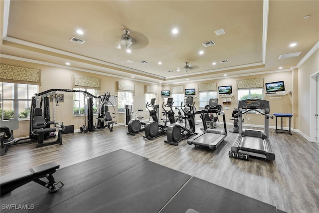 gym featuring wood-type flooring, crown molding, a tray ceiling, and ceiling fan