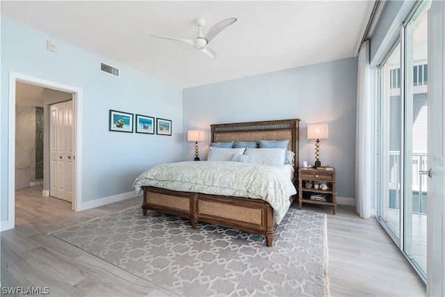 bedroom with light hardwood / wood-style flooring, access to exterior, and ceiling fan