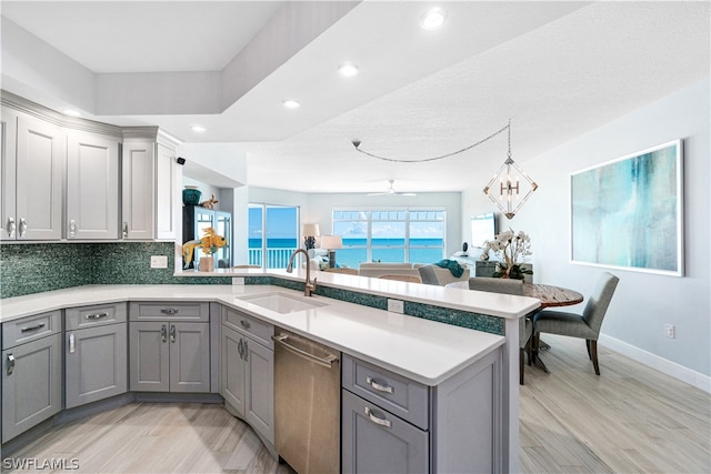 kitchen with backsplash, sink, kitchen peninsula, and dishwasher