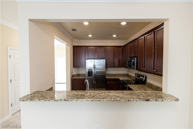 kitchen with dark brown cabinetry, light stone counters, kitchen peninsula, appliances with stainless steel finishes, and ornamental molding