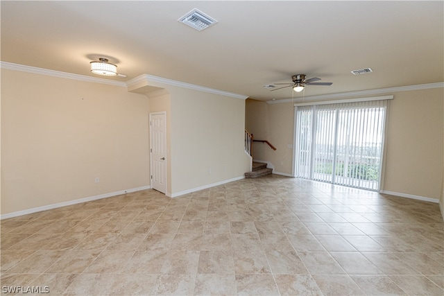 empty room with crown molding and ceiling fan