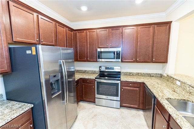 kitchen with sink, light stone countertops, ornamental molding, light tile patterned floors, and stainless steel appliances