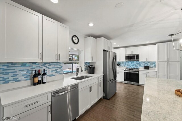 kitchen featuring white cabinetry, dark hardwood / wood-style flooring, stainless steel appliances, decorative backsplash, and sink