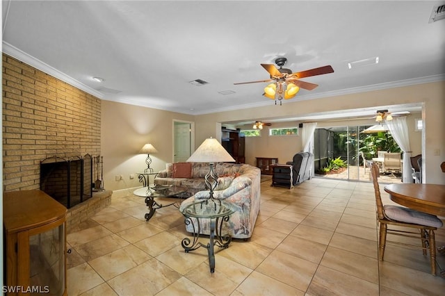 tiled living room featuring a brick fireplace and crown molding