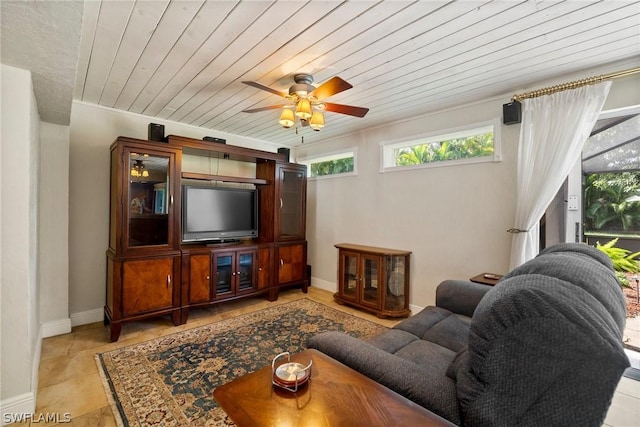 living room with ceiling fan and wooden ceiling