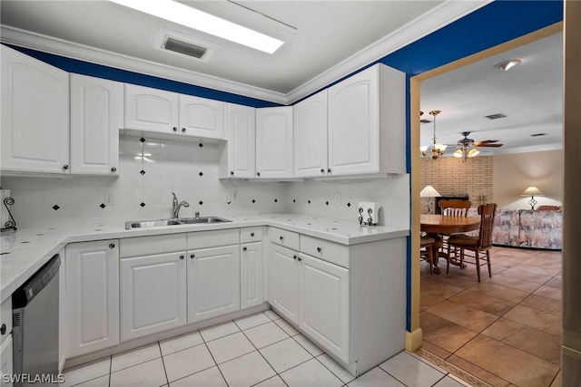 kitchen featuring dishwasher, light tile patterned floors, white cabinetry, ceiling fan, and sink