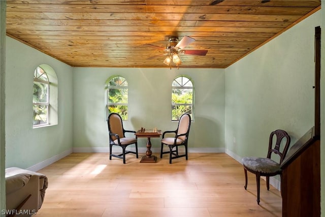 sitting room featuring light wood-type flooring, ceiling fan, and wood ceiling