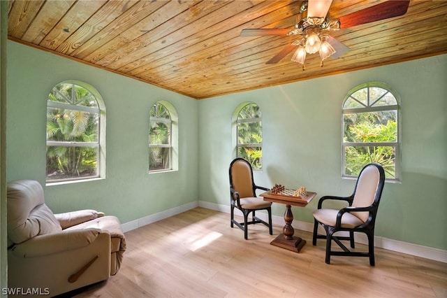 sitting room featuring ornamental molding, ceiling fan, wood ceiling, and light hardwood / wood-style flooring