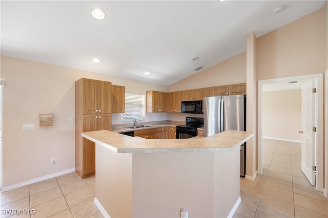 kitchen featuring lofted ceiling, a center island, sink, and black appliances