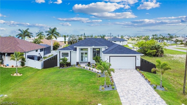 view of front of property featuring a front lawn and a garage