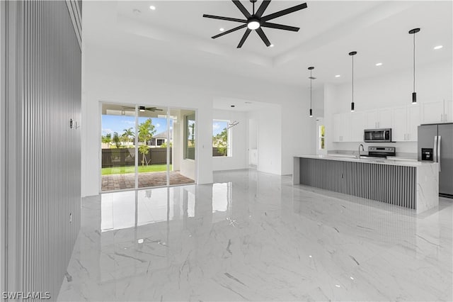 kitchen with ceiling fan, white cabinetry, stainless steel appliances, and a tray ceiling