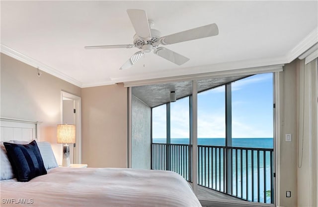 bedroom with crown molding, ceiling fan, a water view, and access to exterior