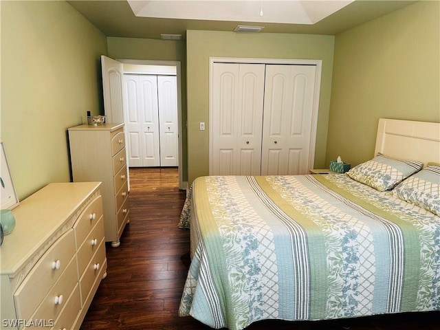 bedroom featuring dark hardwood / wood-style floors and a tray ceiling