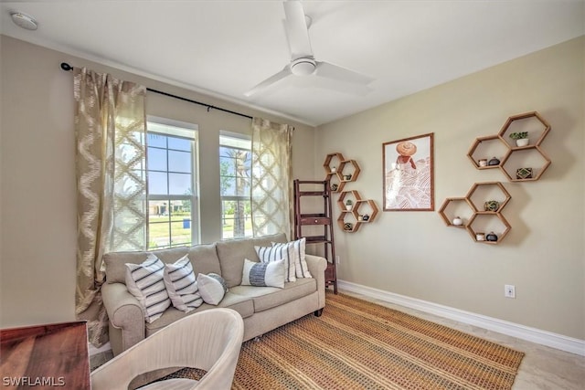 living room featuring ceiling fan