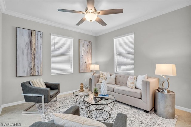 tiled living room featuring ceiling fan, ornamental molding, and baseboards