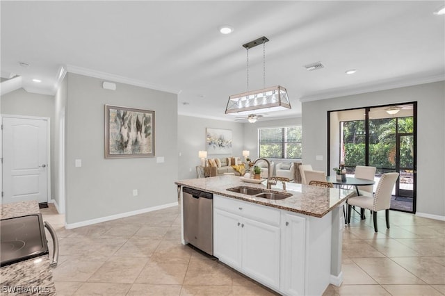 kitchen featuring crown molding, visible vents, dishwasher, and a sink