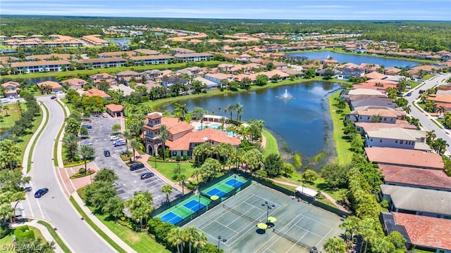 aerial view featuring a water view and a residential view