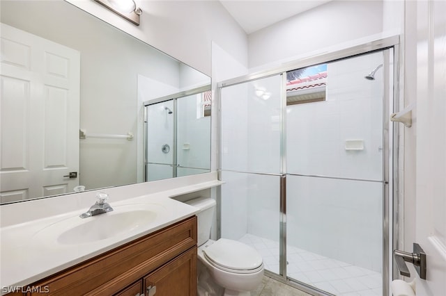 bathroom featuring toilet, a stall shower, and vanity