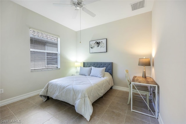 tiled bedroom featuring ceiling fan, visible vents, and baseboards