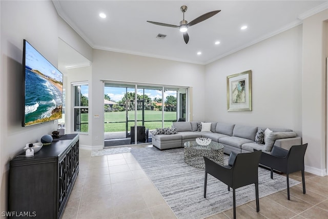 living room featuring ceiling fan, light tile patterned flooring, recessed lighting, visible vents, and ornamental molding