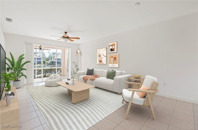 tiled living room with ceiling fan