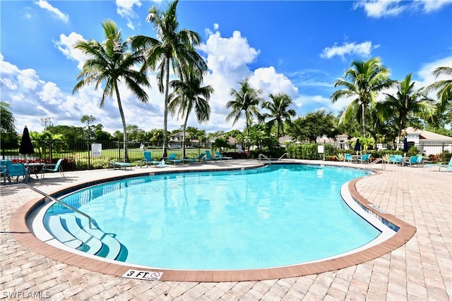 view of swimming pool featuring a patio area