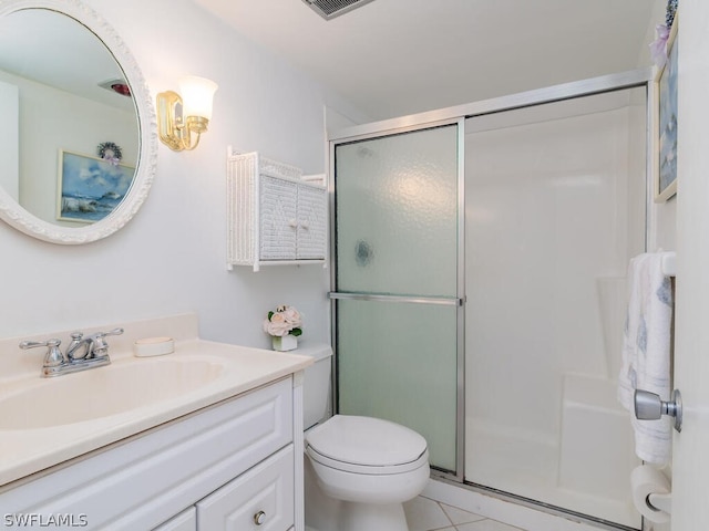 bathroom featuring tile patterned flooring, vanity, an enclosed shower, and toilet