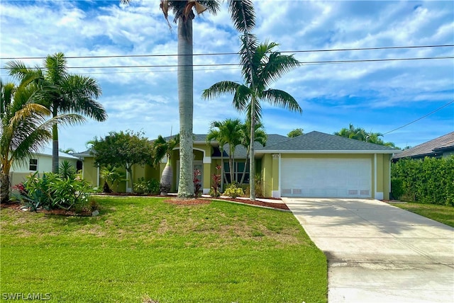 single story home with a garage and a front lawn