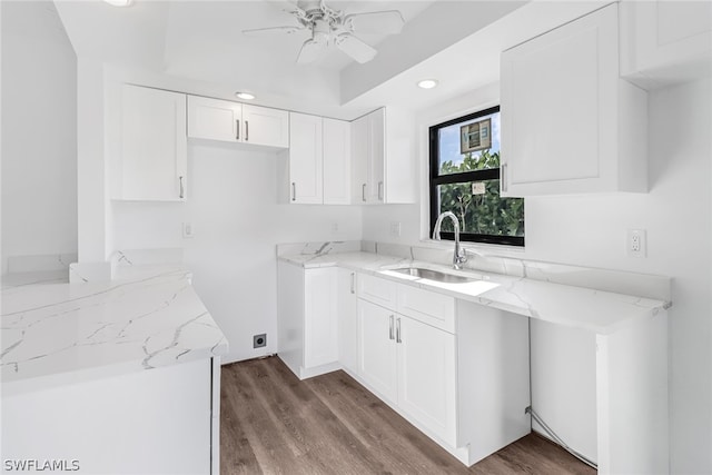 kitchen featuring light stone countertops, white cabinets, wood-type flooring, sink, and ceiling fan