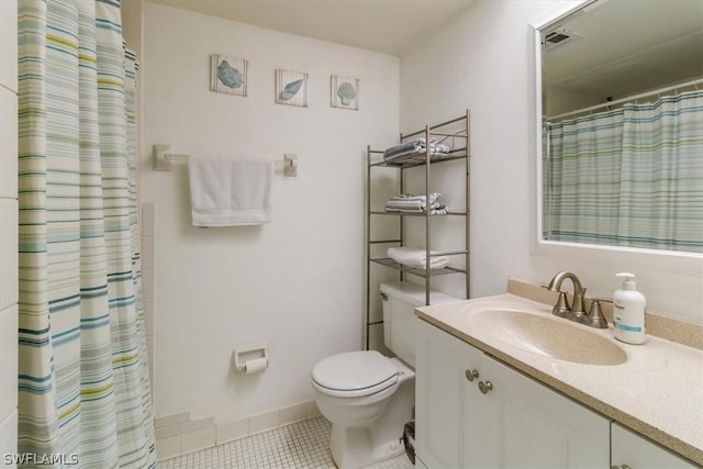 full bath with visible vents, baseboards, toilet, tile patterned flooring, and vanity