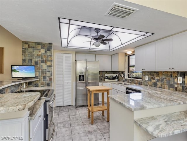 kitchen featuring white cabinets, sink, appliances with stainless steel finishes, tasteful backsplash, and kitchen peninsula