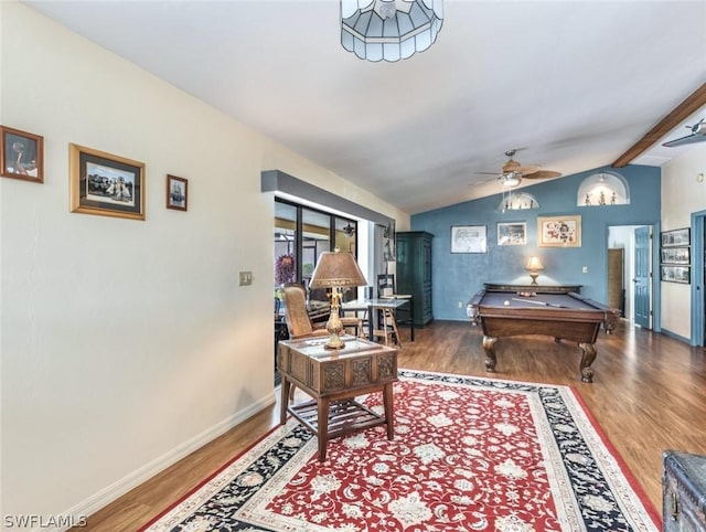 playroom featuring hardwood / wood-style flooring, lofted ceiling with beams, ceiling fan, and billiards