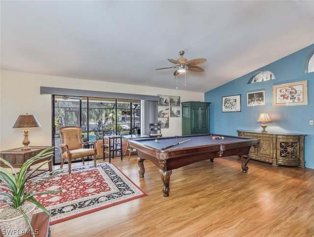 game room featuring ceiling fan, hardwood / wood-style floors, lofted ceiling, and billiards